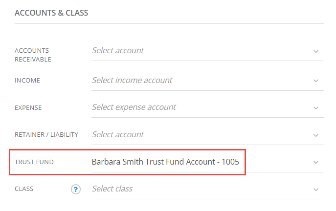 “Accounts & Class” section of the Matter > Billing options tab.