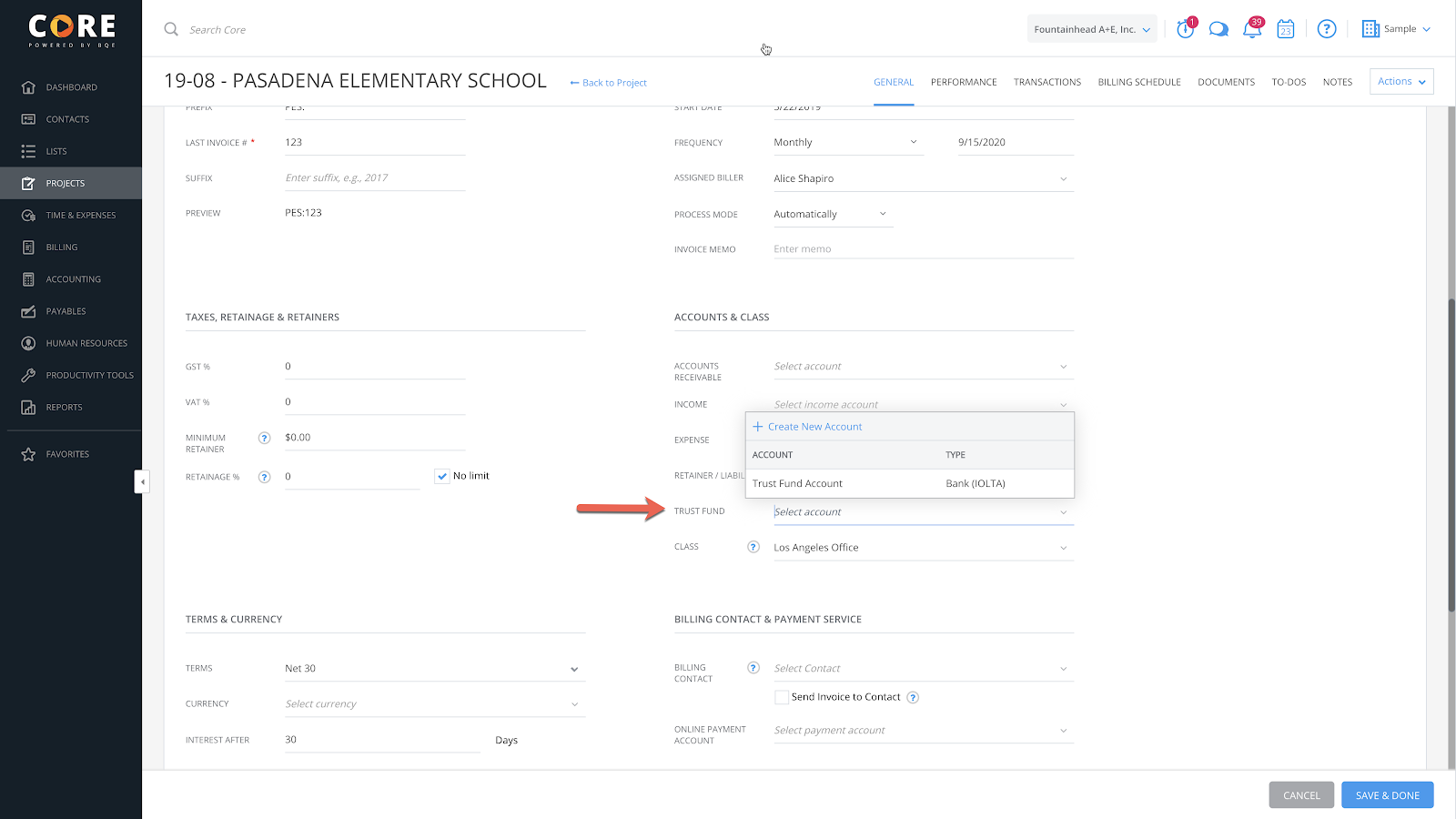 General > Billing Options screen to select Trust Fund Account